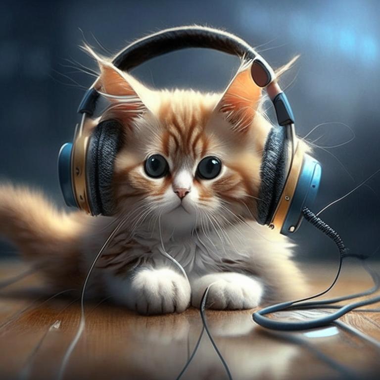 Милый котик слушает музыку в наушниках._Kandinsky 2.1