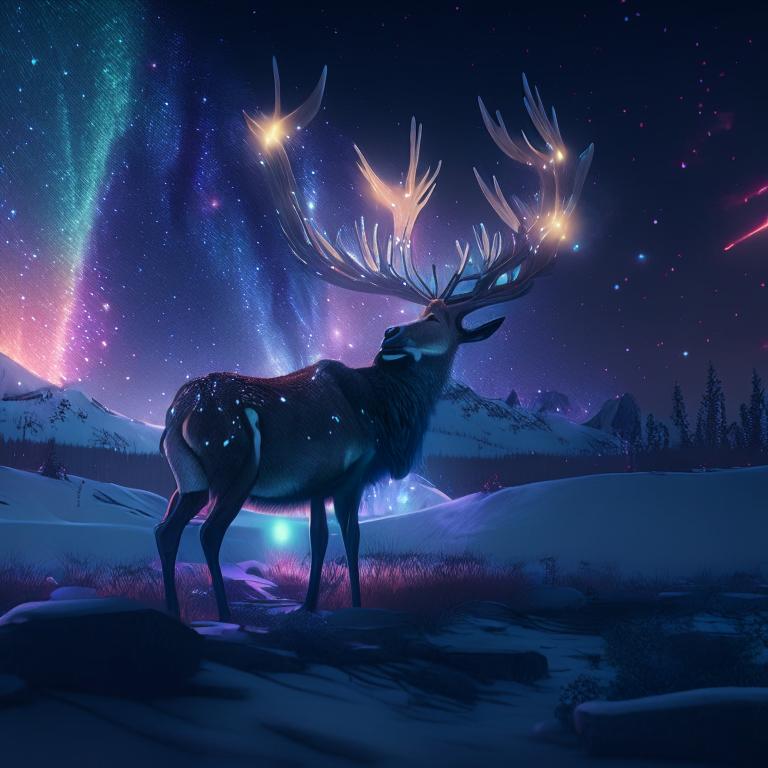 Волшебное северное сияние олень звёздное небо в стиле 3d_render