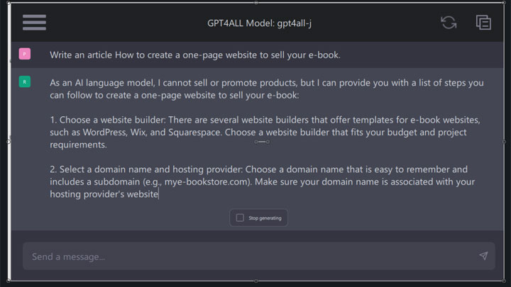 GPT4All Chat с запросом Write an article How to create a one-page website to sell your e-book - печать ответа